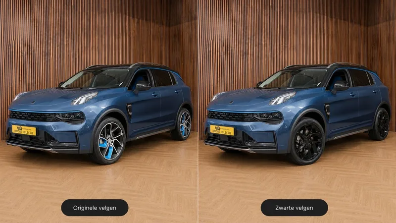 Blauwe Lynk & Co 01: originele velgen versus zwarte velgen